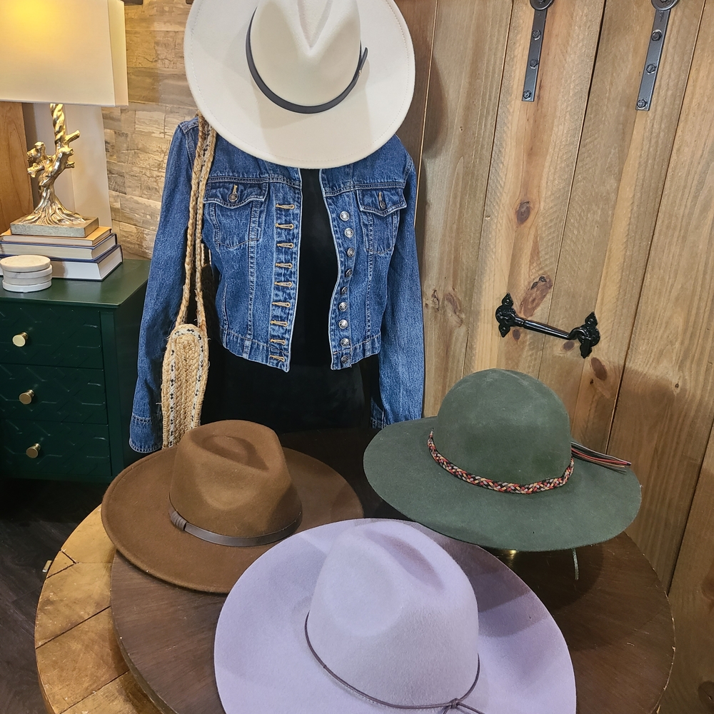 Assorted Wide-Brim Felt Hats - Cream, Olive, Brown & Lavender